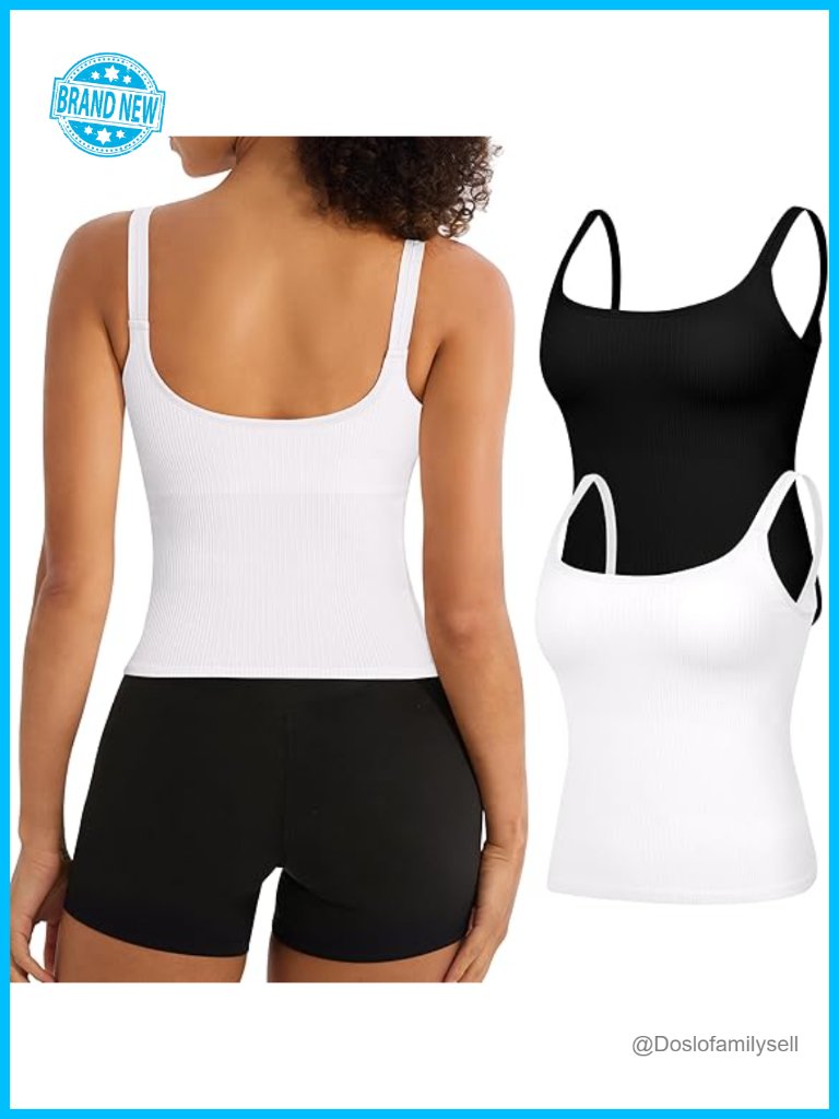 2 Pack Seamless Ribbed Workout Tank Tops With Built In Bra U Back Crop Camisole